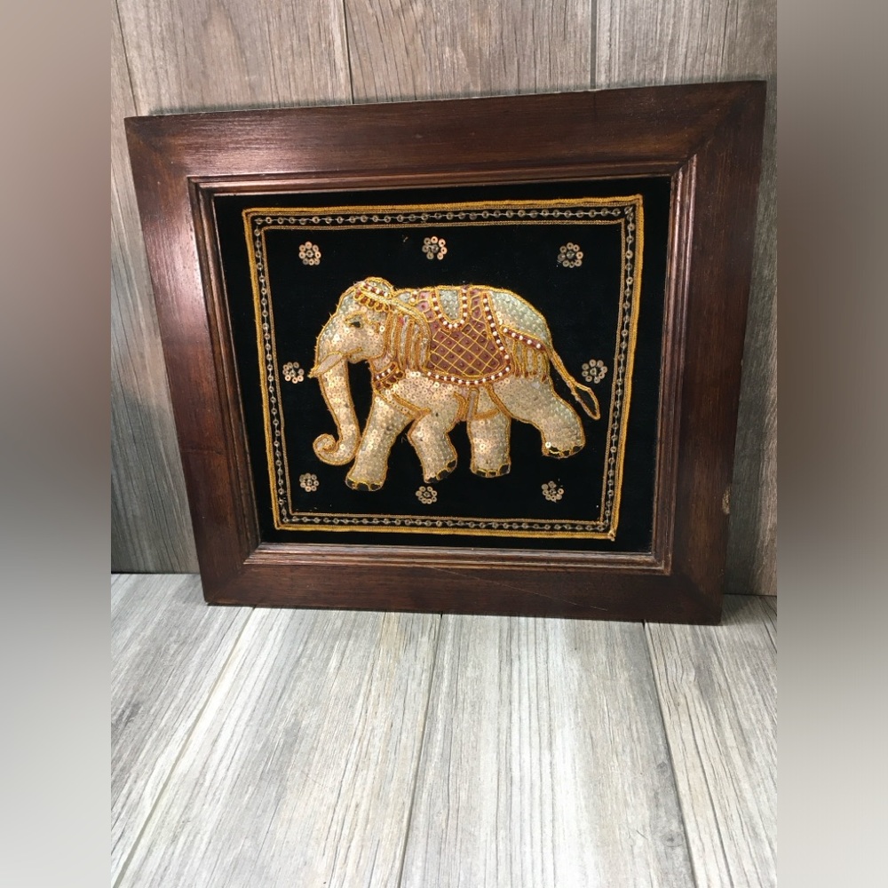 Thai Pearl Bead Sequined Elephant Hanging Wooden Framed Art Black Velvet